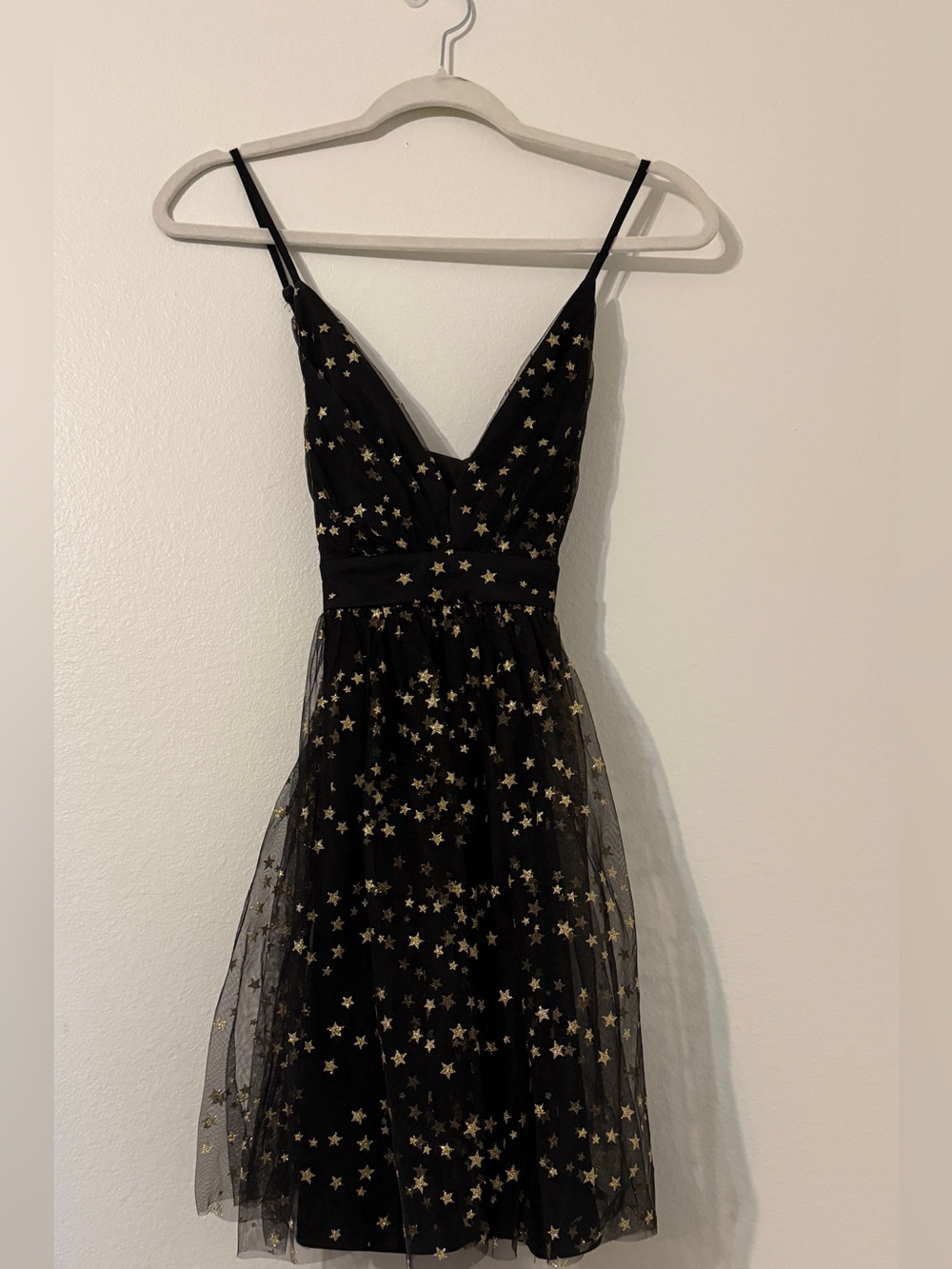 Lulu's Black Mini Dress with Gold Star Tulle